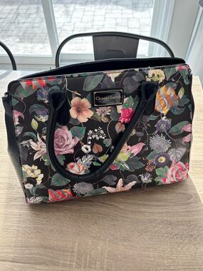 Christian Lacroix Black Floral Print Tote with Multicolor Blooms
